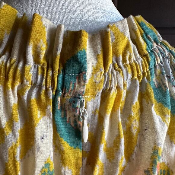 CHARINA SARTE | Yellow Ikat Printed Cotton Mini Dress Puff Sleeve | Size Medium - Picture 8 of 9